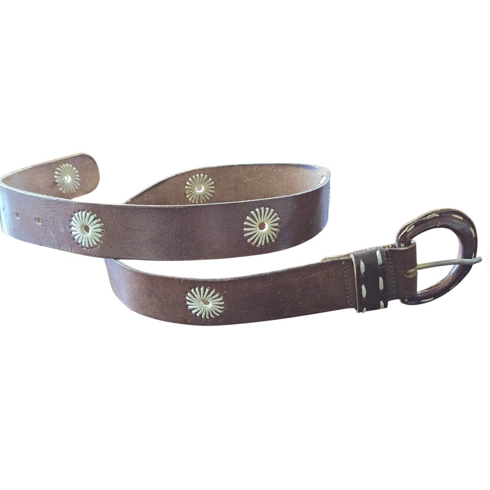 Vintage Brown Genuine Leather Sunburst Embroidered Belt Leather Wrapped Buckle L